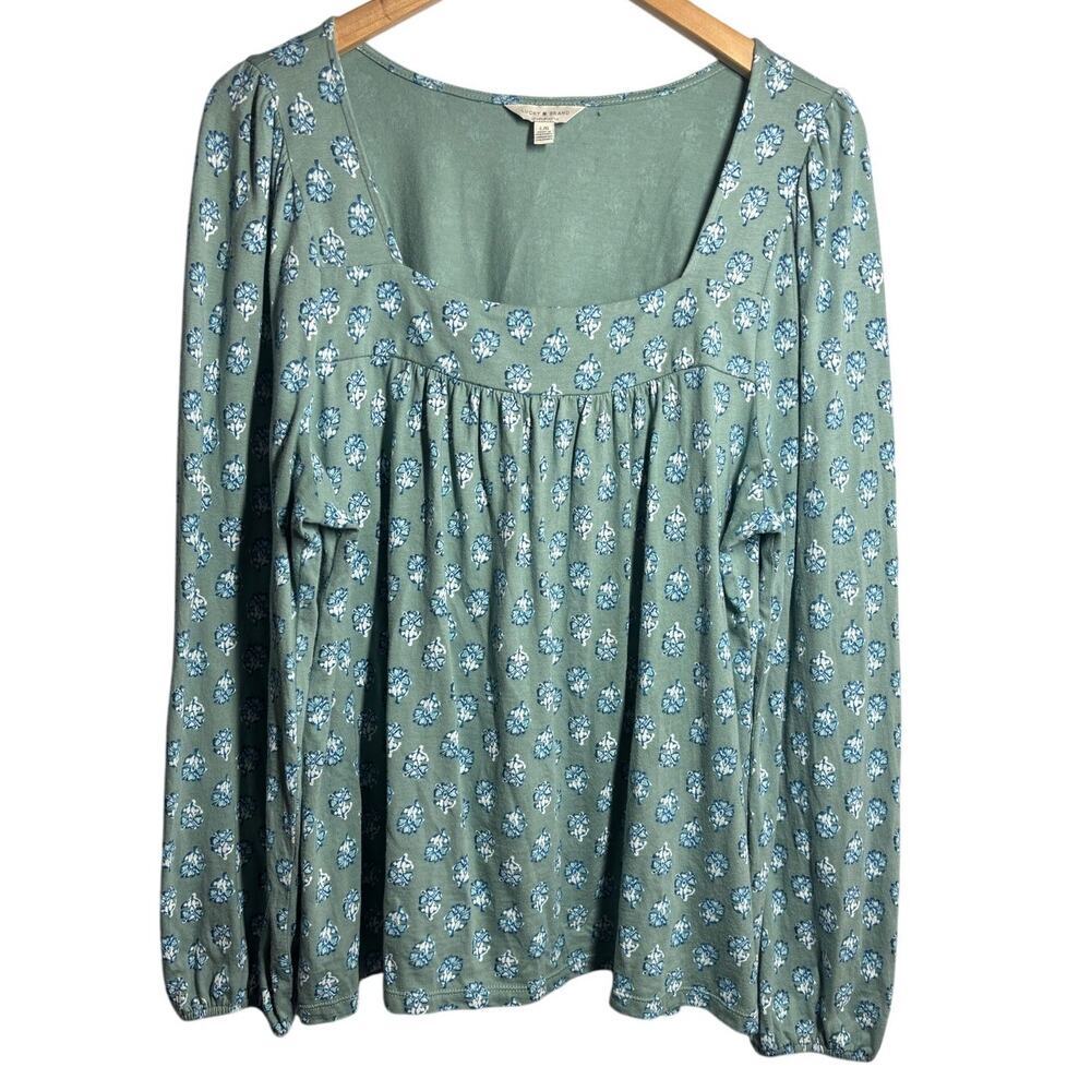 Lucky Brand Women L Sage Green Long Sleeve Floral Print Knit Top Casual